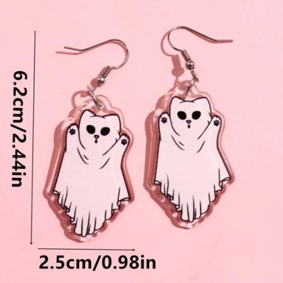 🧿 2 for $25 🧿 Spooky Sheet Ghost Cat Acrylic Dangle Earrings - Picture 4 of 7